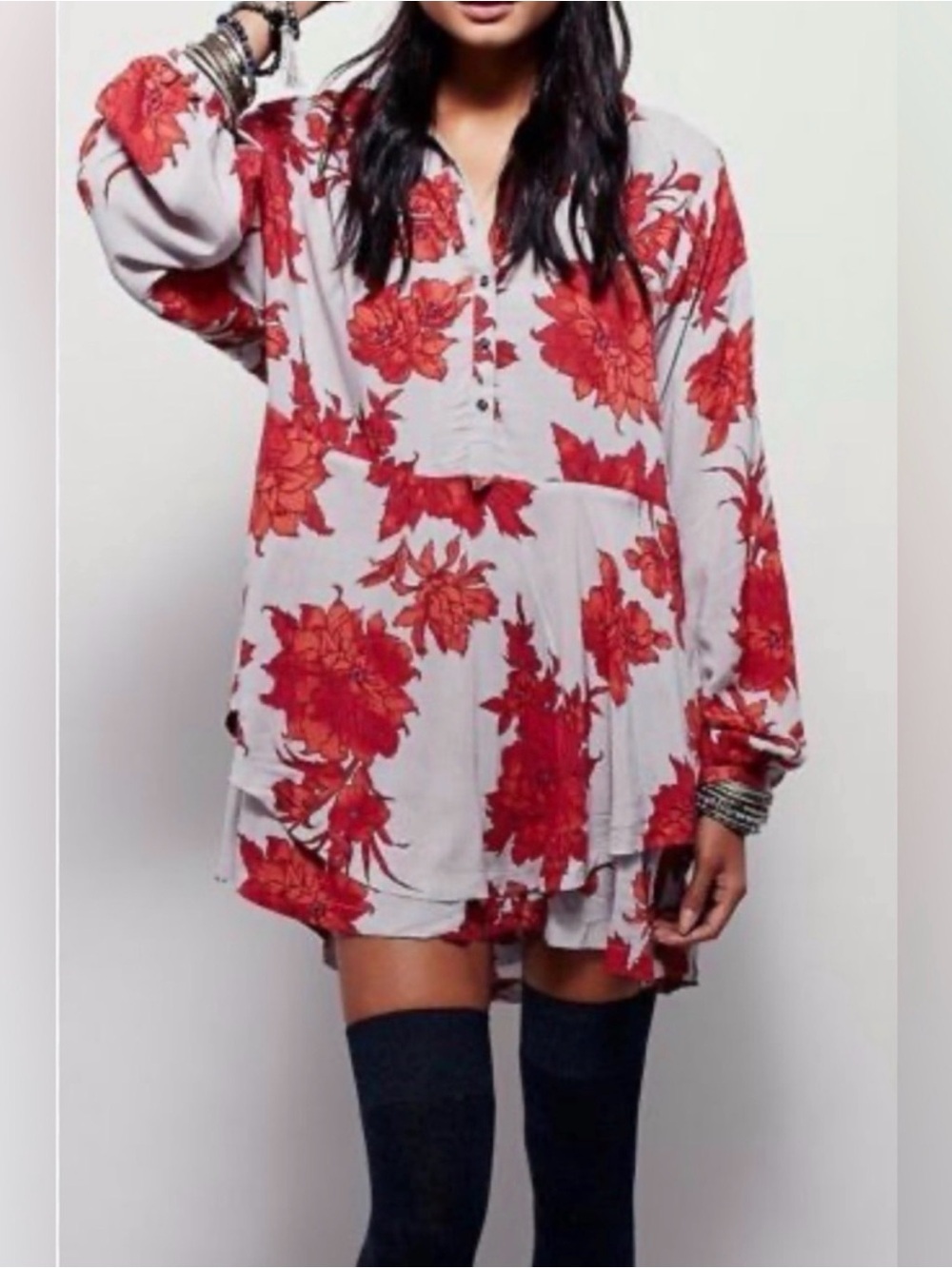 Free People - Shake It Colorful Floral Long Sleeve Half Button Mini Dress Medium